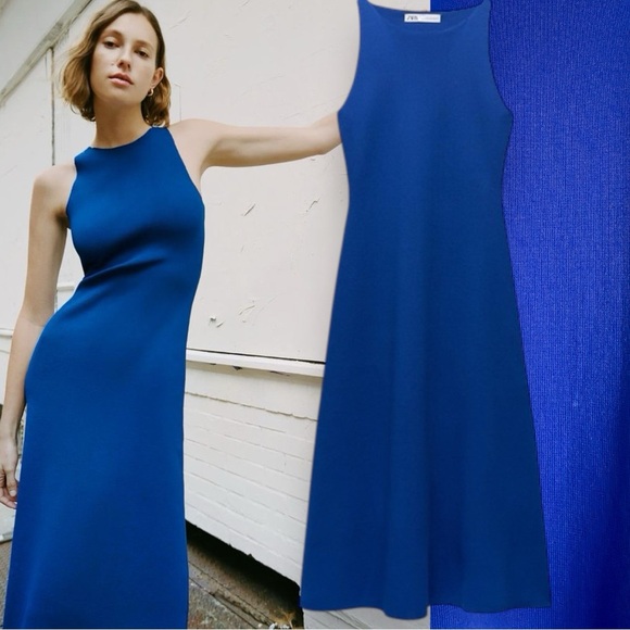 Zara Cobalt Blue Aline Knit Midi Dress Royal Resort Travel Cruise Wedding Halter - Picture 1 of 12